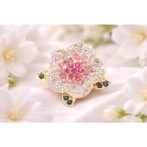 Pink Rhinestone Flower Brooch Crystal Floral Pin Gold Tone Sparkly FREE SHIPPING